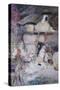 A Mother and Children Feeding Rabbits at the Door of a Thatched Cottage-David Woodlock-Stretched Canvas