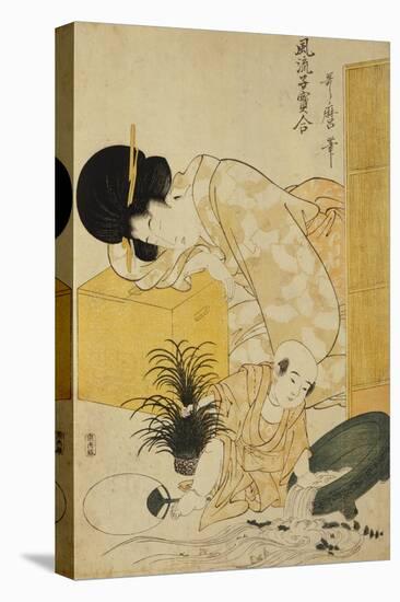 A Mother Dozing While Her Child Topples a Fish Bowl-Kitagawa Utamaro-Stretched Canvas