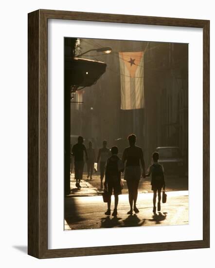 A Mother Walks Her Children to School in Old Havana, Cuba-null-Framed Photographic Print