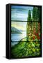 A Mountainous Lake Scene with Red Blossoming Hollyhocks and Arbor-Tiffany Studios-Framed Stretched Canvas