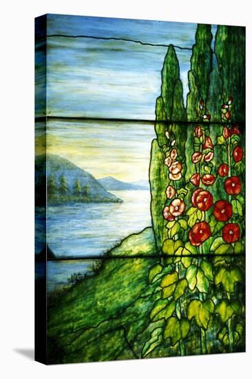 A Mountainous Lake Scene with Red Blossoming Hollyhocks and Arbor-Tiffany Studios-Stretched Canvas