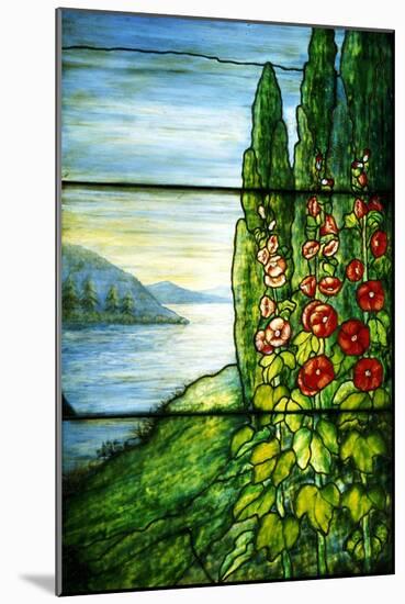 A Mountainous Lake Scene with Red Blossoming Hollyhocks and Arbor-Tiffany Studios-Mounted Giclee Print