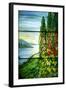 A Mountainous Lake Scene with Red Blossoming Hollyhocks and Arbor-Tiffany Studios-Framed Giclee Print