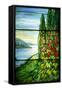 A Mountainous Lake Scene with Red Blossoming Hollyhocks and Arbor-Tiffany Studios-Framed Stretched Canvas