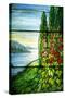 A Mountainous Lake Scene with Red Blossoming Hollyhocks and Arbor-Tiffany Studios-Stretched Canvas