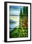 A Mountainous Lake Scene with Red Blossoming Hollyhocks and Arbor-Tiffany Studios-Framed Giclee Print