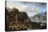 A Mountainous River Landscape with a Crowded Market Scene, 1661-Jan Peeters-Stretched Canvas