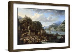 A Mountainous River Landscape with a Crowded Market Scene, 1661-Jan Peeters-Framed Giclee Print