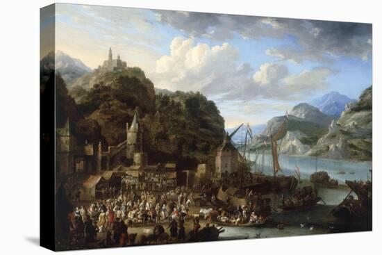 A Mountainous River Landscape with a Crowded Market Scene, 1661-Jan Peeters-Stretched Canvas