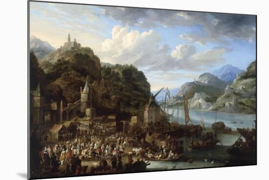 A Mountainous River Landscape with a Crowded Market Scene, 1661-Jan Peeters-Mounted Giclee Print