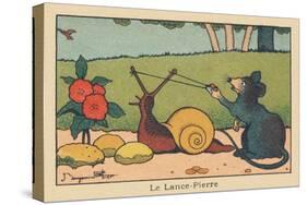 A Mouse Uses the Horns of a Snail like a Slingshot.” the Rock Spear” ,1936 (Illustration)-Benjamin Rabier-Stretched Canvas