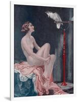 A Naked Woman Relaxing While Speaking to Her Cockatoo-null-Framed Art Print