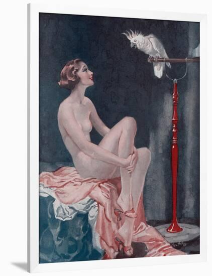 A Naked Woman Relaxing While Speaking to Her Cockatoo-null-Framed Art Print