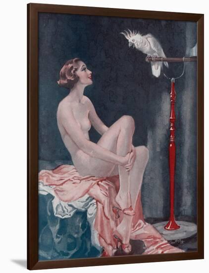 A Naked Woman Relaxing While Speaking to Her Cockatoo-null-Framed Art Print