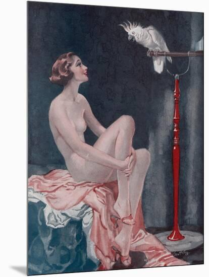 A Naked Woman Relaxing While Speaking to Her Cockatoo-null-Mounted Art Print