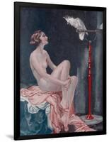 A Naked Woman Relaxing While Speaking to Her Cockatoo-null-Framed Art Print