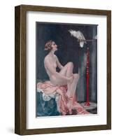 A Naked Woman Relaxing While Speaking to Her Cockatoo-null-Framed Art Print