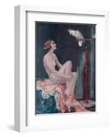 A Naked Woman Relaxing While Speaking to Her Cockatoo-null-Framed Art Print