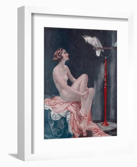 A Naked Woman Relaxing While Speaking to Her Cockatoo-null-Framed Art Print