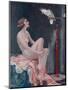 A Naked Woman Relaxing While Speaking to Her Cockatoo-null-Mounted Art Print