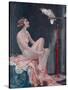 A Naked Woman Relaxing While Speaking to Her Cockatoo-null-Stretched Canvas