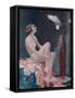 A Naked Woman Relaxing While Speaking to Her Cockatoo-null-Framed Stretched Canvas