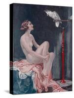 A Naked Woman Relaxing While Speaking to Her Cockatoo-null-Stretched Canvas