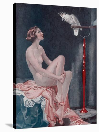 A Naked Woman Relaxing While Speaking to Her Cockatoo-null-Stretched Canvas