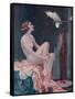 A Naked Woman Relaxing While Speaking to Her Cockatoo-null-Framed Stretched Canvas