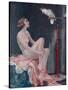 A Naked Woman Relaxing While Speaking to Her Cockatoo-null-Stretched Canvas