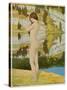 A Naked Woman Standing by a Lake, Looking Thoughtful-null-Stretched Canvas