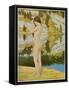 A Naked Woman Standing by a Lake, Looking Thoughtful-null-Framed Stretched Canvas