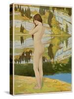 A Naked Woman Standing by a Lake, Looking Thoughtful-null-Stretched Canvas