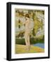 A Naked Woman Standing by a Lake, Looking Thoughtful-null-Framed Art Print