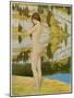 A Naked Woman Standing by a Lake, Looking Thoughtful-null-Mounted Art Print