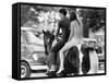 A Naked Young Women and Escort Ride a Horse Through Goose Lake Park at 3 Day Rock Music Festival-null-Framed Stretched Canvas