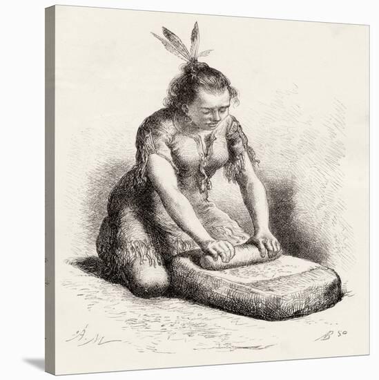 A Native Guayan Woman Crushing Grain-null-Stretched Canvas