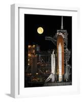 A Nearly Full Moon Sets As Space Shuttle Discovery Sits Atop the Launch Pad-Stocktrek Images-Framed Photographic Print