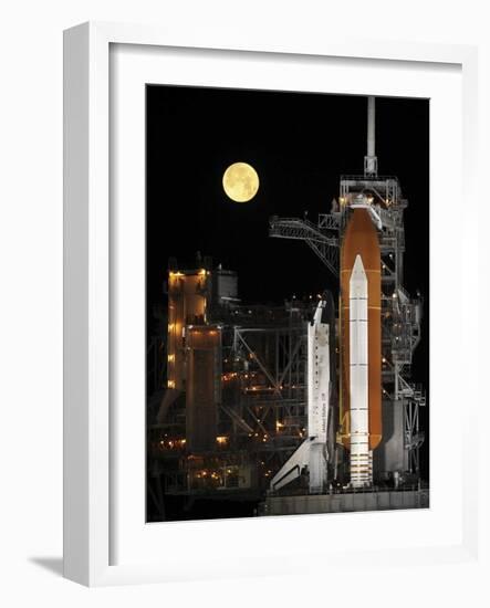 A Nearly Full Moon Sets As Space Shuttle Discovery Sits Atop the Launch Pad-Stocktrek Images-Framed Photographic Print