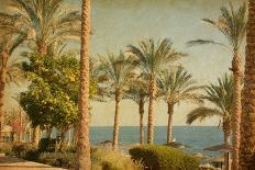 Retro Image Of Beach With Date Palms Amid The Blue Sea And Sky. Paper Texture-A_nella-Framed Art Print