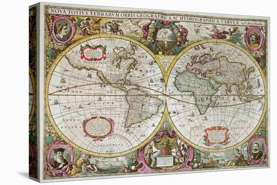 A New Land and Water Map of the Entire Earth, 1630-Henricus Hondius-Stretched Canvas