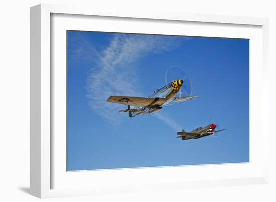 A P-51D Mustang Kimberly Kaye and a P-40E Warhawk in Flight-null-Framed Photographic Print