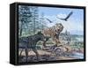 A Pack of Canis Dirus Wolves Approach a Smilodon and its Prey-null-Framed Stretched Canvas