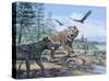 A Pack of Canis Dirus Wolves Approach a Smilodon and its Prey-null-Stretched Canvas