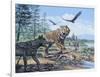 A Pack of Canis Dirus Wolves Approach a Smilodon and its Prey-null-Framed Art Print