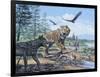 A Pack of Canis Dirus Wolves Approach a Smilodon and its Prey-null-Framed Art Print