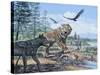 A Pack of Canis Dirus Wolves Approach a Smilodon and its Prey-null-Stretched Canvas