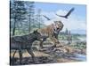 A Pack of Canis Dirus Wolves Approach a Smilodon and its Prey-null-Stretched Canvas