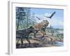 A Pack of Canis Dirus Wolves Approach a Smilodon and its Prey-null-Framed Art Print