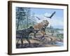 A Pack of Canis Dirus Wolves Approach a Smilodon and its Prey-null-Framed Art Print